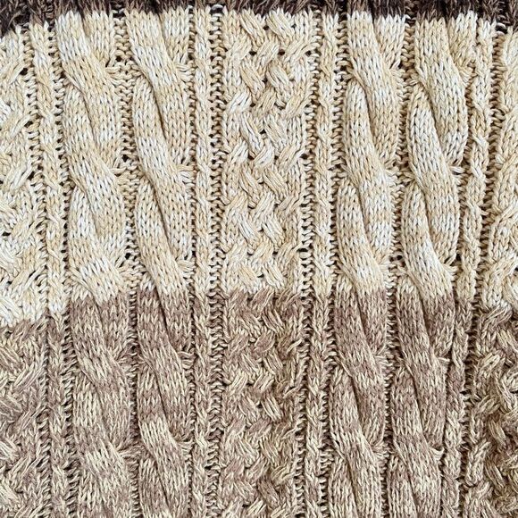 JEANNE PIERRE Cotton Cable Knit Striped Long Tunic Sweater w Pockets Brown / Tan - Picture 3 of 4